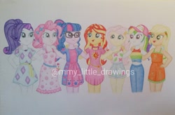 Size: 1080x707 | Tagged: safe, artist:mmy_little_drawings, imported from derpibooru, applejack, fluttershy, pinkie pie, rainbow dash, rarity, sci-twi, sunset shimmer, twilight sparkle, equestria girls, i'm on a yacht, spoiler:eqg series (season 2), clothes, dress, female, glasses, hat, humane five, humane seven, humane six, sleeveless, smiling, traditional art, watermark