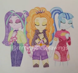 Size: 1080x1012 | Tagged: safe, artist:mmy_little_drawings, imported from derpibooru, adagio dazzle, aria blaze, sonata dusk, equestria girls, clothes, eyelashes, eyes closed, female, shorts, smiling, the dazzlings, traditional art, watermark