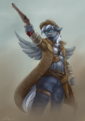 Size: 2480x3508 | Tagged: safe, artist:dandy, imported from derpibooru, oc, oc only, anthro, pegasus, armor, chestplate, cigar, clothes, commission, duster, fallout, floppy ears, gun, handgun, hat, holster, male, pants, revolver, signature, simple background, solo, weapon