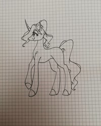 Size: 1080x1350 | Tagged: safe, alternate version, artist:tessa_key_, imported from derpibooru, oc, oc only, pony, unicorn, ear fluff, eyelashes, graph paper, horn, lineart, raised hoof, solo, traditional art, unicorn oc