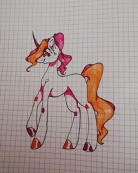 Size: 1080x1350 | Tagged: safe, alternate version, artist:tessa_key_, imported from derpibooru, oc, oc only, pony, unicorn, colored, ear fluff, eyelashes, graph paper, horn, raised hoof, solo, traditional art, unicorn oc