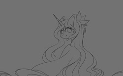 Size: 1080x667 | Tagged: safe, artist:tessa_key_, imported from derpibooru, oc, oc only, pony, unicorn, :p, ear fluff, eyelashes, flower, flower in hair, gray background, horn, lineart, looking back, monochrome, simple background, smiling, solo, tongue out, unicorn oc