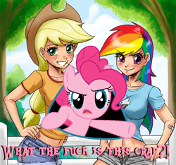 Size: 794x744 | Tagged: safe, artist:johnjoseco, edit, editor:pagiepoppie12345, imported from derpibooru, applejack, pinkie pie, rainbow dash, earth pony, human, pony, over a barrel, breaking the fourth wall, confused, fourth wall, humanized, looking at you, op is a duck, op is trying to start shit, shipping denied, smiling, text, vulgar