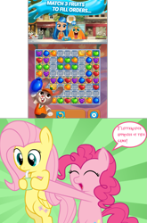 Size: 1117x1688 | Tagged: safe, imported from derpibooru, fluttershy, pinkie pie, earth pony, pegasus, pony, apple, approved, banana, blueberry, carrot, drink, drinking, flutterjuice, food, fruit, game, grapes, green apple, holding a pony, juice, juice box, juice jam, mobile game, reaction image, sipping, smiling, speech bubble, straw, strawberry, vegetables