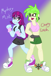 Size: 633x950 | Tagged: safe, artist:theanimatingfanatic, imported from derpibooru, cherry crash, mystery mint, equestria girls, boxing bra, boxing shorts, boxing skirt, clothes, female, fingerless gloves, gloves, martial arts kids, martial arts kids outfit, martial arts kids outfits, shoes, sneakers, socks, sports bra