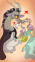 Size: 720x1280 | Tagged: safe, artist:cocolove2176, imported from derpibooru, discord, fluttershy, draconequus, pegasus, pony, blushing, clothes, colored hooves, discoshy, dress, female, heart, looking at each other, male, mare, shipping, smiling, straight, wings