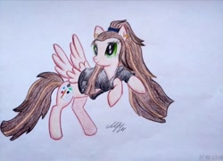 Size: 1024x741 | Tagged: safe, artist:maryhoovesfield, imported from derpibooru, oc, oc only, pegasus, pony, clothes, ear fluff, ear piercing, earring, eyelashes, jacket, jewelry, looking back, pegasus oc, piercing, rearing, signature, smiling, solo, traditional art, wings