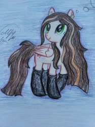 Size: 766x1024 | Tagged: safe, artist:maryhoovesfield, imported from derpibooru, oc, oc only, pegasus, pony, clothes, eyelashes, looking back, pegasus oc, signature, smiling, socks, solo, traditional art, wings