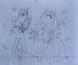 Size: 1024x855 | Tagged: safe, artist:maryhoovesfield, imported from derpibooru, oc, oc only, pegasus, pony, duo, eyelashes, eyes closed, flying, lineart, pegasus oc, signature, smiling, traditional art, wings