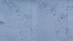 Size: 1024x576 | Tagged: safe, artist:maryhoovesfield, imported from derpibooru, oc, oc only, pegasus, pony, comic, confused, exclamation point, eyelashes, frown, interrobang, lineart, lined paper, looking up, pegasus oc, question mark, signature, sitting, talking, traditional art, wings