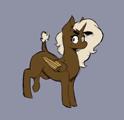 Size: 2048x1980 | Tagged: safe, artist:somefrigginnerd, imported from derpibooru, oc, oc only, oc:pencil test, alicorn, pony, alicorn oc, april fools, april fools 2021, edgy, eye scar, female, freckles, gray background, horn, one hoof raised, raised hoof, redesign, scar, simple background, solo, wings