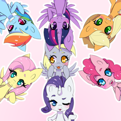 Size: 500x500 | Tagged: safe, artist:suqarskvll, imported from derpibooru, applejack, derpy hooves, fluttershy, pinkie pie, rainbow dash, rarity, twilight sparkle, alicorn, earth pony, pegasus, pony, unicorn, blushing, cute, dashabetes, derpabetes, diapinkes, female, hooves on cheeks, jackabetes, looking at you, mane six, mare, one eye closed, open mouth, pink background, raribetes, shyabetes, simple background, smiling, tongue out, twiabetes, twilight sparkle (alicorn), weapons-grade cute, wings