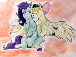 Size: 2806x2138 | Tagged: safe, artist:artnstuff101, imported from derpibooru, coloratura, songbird serenade, earth pony, pegasus, pony, my little pony: the movie, bow, cheek kiss, colorenade, female, hair bow, hair over eyes, high res, kiss on the cheek, kissing, lesbian, rara, shipping, sitting, traditional art, unshorn fetlocks, watercolor painting