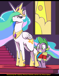 Size: 1524x1968 | Tagged: safe, artist:droll3, imported from derpibooru, princess celestia, spike, alicorn, dragon, pony, clothes, collar, crown, cute, cutelestia, cutie mark, digital art, duo, female, hooves, horn, jewelry, male, mare, momlestia, mother and child, mother and son, prince spike, regalia, spikabetes, stairs, tail, wings