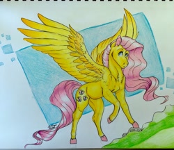 Size: 3459x2994 | Tagged: safe, artist:artnstuff101, imported from derpibooru, fluttershy, pegasus, pony, colored hooves, female, high res, mare, solo, spread wings, traditional art, watercolor painting, wings