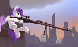Size: 4500x2744 | Tagged: safe, artist:770418gyygy, imported from derpibooru, twilight sparkle, oc, oc only, oc:sunset cloudy, bat pony, pony, fallout equestria, aiming, anti-materiel rifle, anti-tank rifle, bag, bat pony oc, bat wings, dusk shine, female, gun, mathematics in the comments, ptrs-41, rifle, ruins, rule 63, sniper rifle, solo, soviet union, weapon, wings