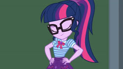Size: 3410x1920 | Tagged: safe, imported from derpibooru, screencap, sci-twi, twilight sparkle, equestria girls, equestria girls series, holidays unwrapped, spoiler:eqg series (season 2), bowtie, chalkboard, clothes, cutie mark, cutie mark on clothes, eyebrows, eyes closed, female, geode of telekinesis, glasses, hand on hip, hands on hip, jewelry, magical geodes, necklace, pendant, polo shirt, ponytail, pose, raised eyebrow, smiling, solo, the cider louse fools