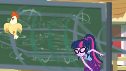 Size: 3410x1920 | Tagged: safe, imported from derpibooru, screencap, sci-twi, twilight sparkle, bird, chicken, equestria girls, equestria girls series, holidays unwrapped, spoiler:eqg series (season 2), bowtie, chalkboard, clothes, cutie mark, cutie mark on clothes, eyes closed, female, geode of telekinesis, glasses, jewelry, magical geodes, necklace, ponytail, smiling, solo focus, sweet apple acres, the cider louse fools