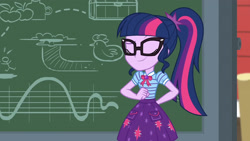 Size: 3410x1920 | Tagged: safe, imported from derpibooru, screencap, sci-twi, twilight sparkle, equestria girls, equestria girls series, holidays unwrapped, spoiler:eqg series (season 2), arm behind back, bowtie, chalkboard, clothes, cutie mark, cutie mark on clothes, eyebrows, eyes closed, female, geode of telekinesis, glasses, hand in pocket, jewelry, magical geodes, necklace, pendant, polo shirt, ponytail, raised eyebrow, skirt, smiling, solo, sweet apple acres, the cider louse fools