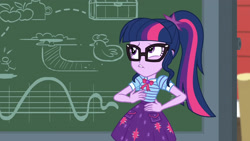 Size: 3410x1920 | Tagged: safe, imported from derpibooru, screencap, sci-twi, twilight sparkle, equestria girls, equestria girls series, holidays unwrapped, spoiler:eqg series (season 2), bowtie, chalkboard, clothes, cutie mark, cutie mark on clothes, female, geode of telekinesis, glasses, jewelry, lip bite, magical geodes, necklace, ponytail, solo, sweet apple acres, the cider louse fools