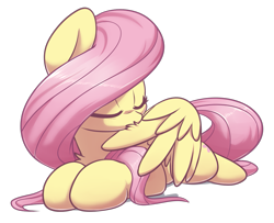 Size: 1349x1098 | Tagged: safe, artist:acersiii, imported from derpibooru, fluttershy, pegasus, pony, behaving like a bird, chest fluff, cute, eyes closed, female, grooming, lying down, mare, preening, prone, shyabetes, simple background, solo, transparent background