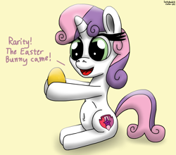 Size: 2103x1854 | Tagged: safe, artist:darkyboode32, derpibooru exclusive, imported from derpibooru, sweetie belle, pony, unicorn, belly button, cute, cutie mark, diasweetes, easter, easter egg, female, filly, happy, holding, holiday, implied rarity, simple background, sitting, smiling, solo, the cmc's cutie marks