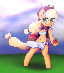 Size: 3333x3846 | Tagged: safe, artist:afkregen, imported from derpibooru, applejack, anthro, earth pony, unguligrade anthro, apple, basket, belly button, breasts, busty applejack, clothes, cowboy hat, cutie mark, digital art, female, food, hat, high res, jacket, looking at you, solo, solo female, tail, tanktop, thighs, wide hips