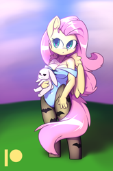 Size: 3000x4547 | Tagged: safe, artist:afkregen, imported from derpibooru, angel bunny, fluttershy, anthro, earth pony, rabbit, unguligrade anthro, animal, breasts, busty fluttershy, clothes, digital art, female, looking at you, socks, solo, solo female, stockings, tail, thigh highs, thighs, wide hips, wings