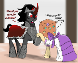 Size: 1950x1585 | Tagged: safe, artist:chopsticks, imported from derpibooru, king sombra, oc, oc:paper bag, earth pony, unicorn, blushing, bowtie, cape, chest fluff, clothes, curved horn, cute, dialogue, dress, fangs, female, flower, flower in hair, holding hooves, horn, male, mare, ocbetes, oh dear, raised hoof, shivering, stallion, sticky note, sweat, sweating profusely, text, unshorn fetlocks