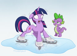 Size: 1300x958 | Tagged: safe, artist:littlehybridshila, imported from derpibooru, spike, twilight sparkle, dragon, pony, unicorn, winter wrap up, duo, ears back, female, floppy ears, ice, ice skates, ice skating, male, mare, scared, scene interpretation, shaking, shrunken pupils, simple background, unicorn twilight, white background