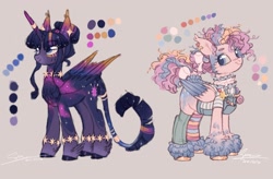 Size: 3221x2112 | Tagged: safe, artist:sannateacupss, imported from derpibooru, pinkie pie, twilight sparkle, alicorn, pegasus, pony, alternate design, bracelet, candy, cheek fluff, clothes, coat markings, color palette, colored wings, ear piercing, ear tufts, earring, feathered fetlocks, female, food, gradient wings, high res, horn, horn ring, jewelry, leg warmers, leonine tail, mare, necklace, pegasus pinkie pie, piercing, race swap, redesign, ring, simple background, tail, tail feathers, twilight sparkle (alicorn), two toned wings, unshorn fetlocks, wings