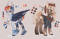 Size: 3221x2112 | Tagged: safe, artist:sannateacupss, imported from derpibooru, applejack, rainbow dash, earth pony, pegasus, pony, alternate design, ascot, cheek fluff, chest fluff, clothes, cloven hooves, coat markings, color palette, cowboy hat, duo, ear piercing, earring, feathered fetlocks, female, hat, high res, jewelry, mare, necklace, piercing, raised hoof, redesign, shirt, short mane, simple background