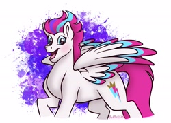 Size: 2733x1956 | Tagged: safe, artist:bella-pink-savage, artist:bpinksavage, imported from derpibooru, zipp storm, pegasus, pony, spoiler:g5, abstract background, blushing, colored wings, female, g5, looking at you, mare, multicolored wings, open mouth, raised hoof, solo, spread wings, wings