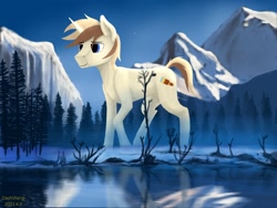 Size: 2224x1668 | Tagged: safe, artist:dash wang, imported from derpibooru, oc, oc only, oc:cream brun, pony, unicorn, giant pony, macro, male, mountain, reflection, scenery, solo, tree, water