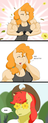 Size: 1884x4828 | Tagged: safe, artist:matchstickman, imported from derpibooru, bright mac, pear butter, anthro, earth pony, the perfect pear, ..., abs, biceps, breasts, brightbutter, busty pear butter, buttercup, clothes, comic, deltoids, dialogue, duo, female, flexing, male, mare, matchstickman's pear buffer series, muscles, muscular female, pear buffer, shipping, speech, stallion, straight, talking
