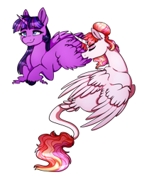Size: 1112x1326 | Tagged: safe, artist:mieuzii, artist:saphi-boo, imported from derpibooru, oc, oc:evening star, oc:scarlet, alicorn, pony, alicorn oc, assisted preening, female, grooming, horn, leonine tail, lesbian, magical lesbian spawn, next generation, not twilight sparkle, offspring, parent:princess celestia, parent:rainbow dash, parent:tempest shadow, parent:twilight sparkle, parents:dashlestia, parents:tempestlight, preening, shipping, simple background, transparent background, unshorn fetlocks, wings