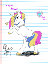 Size: 1280x1707 | Tagged: safe, artist:doodletheexpoodle, imported from derpibooru, oc, oc only, oc:crystal shield, pony, unicorn, butt, female, lined paper, looking back, mare, offspring, parent:princess cadance, parent:shining armor, parents:shiningcadance, plot, rearing, solo