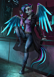 Size: 3182x4500 | Tagged: safe, artist:vitaj, imported from derpibooru, oc, oc only, oc:keyphrase, anthro, cyborg, pegasus, plantigrade anthro, pony, amputee, armband, artificial wings, augmented, cigarette, cigarette smoke, city, cityscape, clothes, coat, commission, cyberpunk, female, futuristic, glass, high res, leaning, lipstick, medic, multicolored mane, multicolored tail, nail polish, neon, night, prosthetic limb, prosthetic wing, prosthetics, purple eyes, railing, rain, red cross, science fiction, sitting, skyline, skyscraper, smoking, solo, walkway, wings