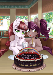 Size: 3508x4961 | Tagged: safe, artist:lifejoyart, imported from derpibooru, oc, oc only, oc:argent nebula, oc:mocha star, earth pony, pony, absurd resolution, bendy straw, blinds, cake, cup, drinking straw, duo, duo female, earth pony oc, eye clipping through hair, eyebrows, eyebrows visible through hair, female, food, frosting, ice cubes, looking at you, mare, open mouth, open smile, plate, plates, rainbow, siblings, sisters, smiling, smiling at you, straw, table