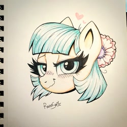 Size: 1024x1024 | Tagged: safe, artist:confetticakez, imported from derpibooru, coco pommel, earth pony, pony, blushing, bust, flower, flower in hair, hair, hair accessory, heart, lidded eyes, looking at you, portrait, smiling, solo, traditional art, wavy mouth