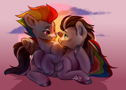 Size: 1400x1000 | Tagged: safe, alternate version, artist:ariamidnighters, imported from derpibooru, rainbow dash, soarin', pegasus, pony, the last problem, :p, backwards cutie mark, eye contact, female, looking at each other, male, older, older rainbow dash, older soarin', shipping, soarindash, straight, tongue out