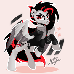 Size: 1000x1000 | Tagged: safe, artist:ariamidnighters, imported from derpibooru, oc, oc only, pegasus, pony, clothes, ear piercing, earring, eyebrows, jacket, jewelry, oc name needed, oc needed, piercing, rearing, red and black mane, solo, sweater, turtleneck, two toned wings, wings