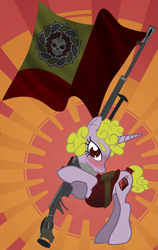 Size: 1529x2420 | Tagged: safe, artist:devorierdeos, imported from derpibooru, oc, oc:galla steel, pony, unicorn, fallout equestria, agitated, anti-tank rifle, blushing, butt, flag, flag bearer, plot, red eye army