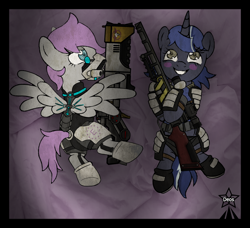 Size: 1380x1261 | Tagged: safe, artist:devorierdeos, imported from derpibooru, oc, oc:heavy, oc:heavy rain, oc:ksu, pegasus, pony, unicorn, fallout equestria, armor, armored pony, bed, enclave, grand pegasus enclave, gun, hug, institute rifle, laser rifle, laying on bed, lying down, lying on bed, on bed, pillow, pillow hug, respirator, rifle, sniper rifle, weapon