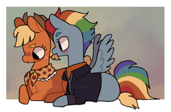 Size: 1280x838 | Tagged: safe, artist:jademoona, imported from derpibooru, applejack, rainbow dash, earth pony, pegasus, pony, the last problem, appledash, clothes, female, lesbian, older, older applejack, older rainbow dash, shipping