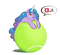 Size: 793x721 | Tagged: safe, artist:testostepone, imported from derpibooru, izzy moonbow, pony, unicorn, spoiler:g5, ball, colored, cute, female, g5, izzy's tennis ball, izzybetes, mare, simple background, solo, tennis ball, text, that pony sure does love tennis balls, tiny, tiny ponies, transparent background, 🅱