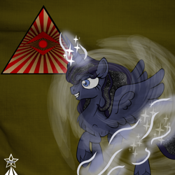 Size: 1000x1000 | Tagged: safe, artist:devorierdeos, imported from derpibooru, oc, oc only, alicorn, pony, fallout equestria, artificial alicorn, chest fluff, glowing horn, grin, horn, illuminati confirmed, invisibility, magic, smiling, spread wings, wings