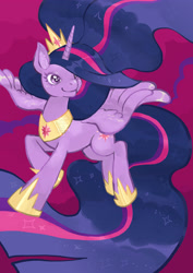 Size: 2480x3508 | Tagged: safe, artist:tingyo, imported from derpibooru, twilight sparkle, alicorn, pony, the last problem, crown, ethereal mane, female, flowing mane, flowing tail, flying, hoof shoes, jewelry, long mane, long tail, mare, older, older twilight, peytral, princess twilight 2.0, regalia, solo, starry mane, twilight sparkle (alicorn)