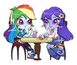 Size: 2951x2480 | Tagged: safe, artist:tingyo, imported from derpibooru, rainbow dash, oc, equestria girls, cake slice, canon x oc, chair, cookie, drink, eating, female, food, obtrusive watermark, oc name needed, simple background, strawberry, table, transparent background, watermark