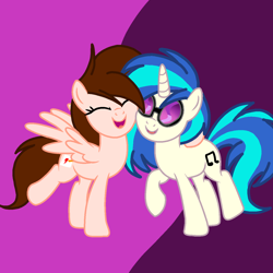 Size: 1378x1378 | Tagged: safe, artist:circuspaparazzi5678, imported from derpibooru, dj pon-3, vinyl scratch, oc, oc:breanna, pegasus, pony, unicorn, base used, canon x oc, dj glasses, hug, hugging a pony, ponysona, smiling, vinyl's glasses